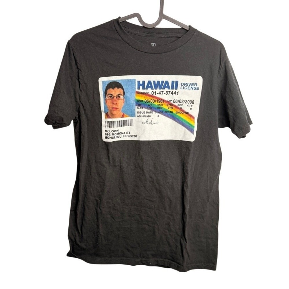 Mens Superbad McLovin Hawaii ID Graphic T-Shirt S Black Funny Tee Streetwear